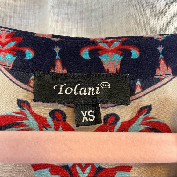 Tolani Abstract Multicolor 3/4 Sleeve Long Silk V Neck High Low Tunic Dress XS - Picture 4 of 7